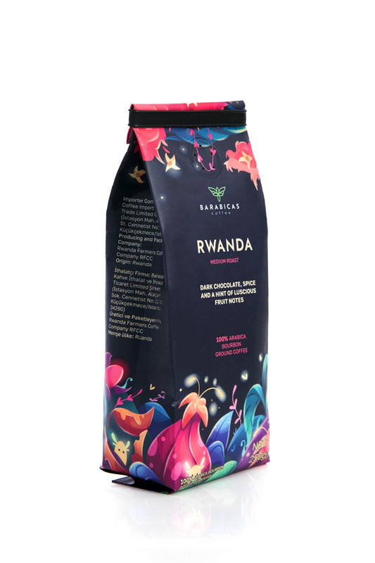 Rwanda 100% Arabica Bourbon Medium Roast Öğütülmüş Kahve 250g Yan Görünüm