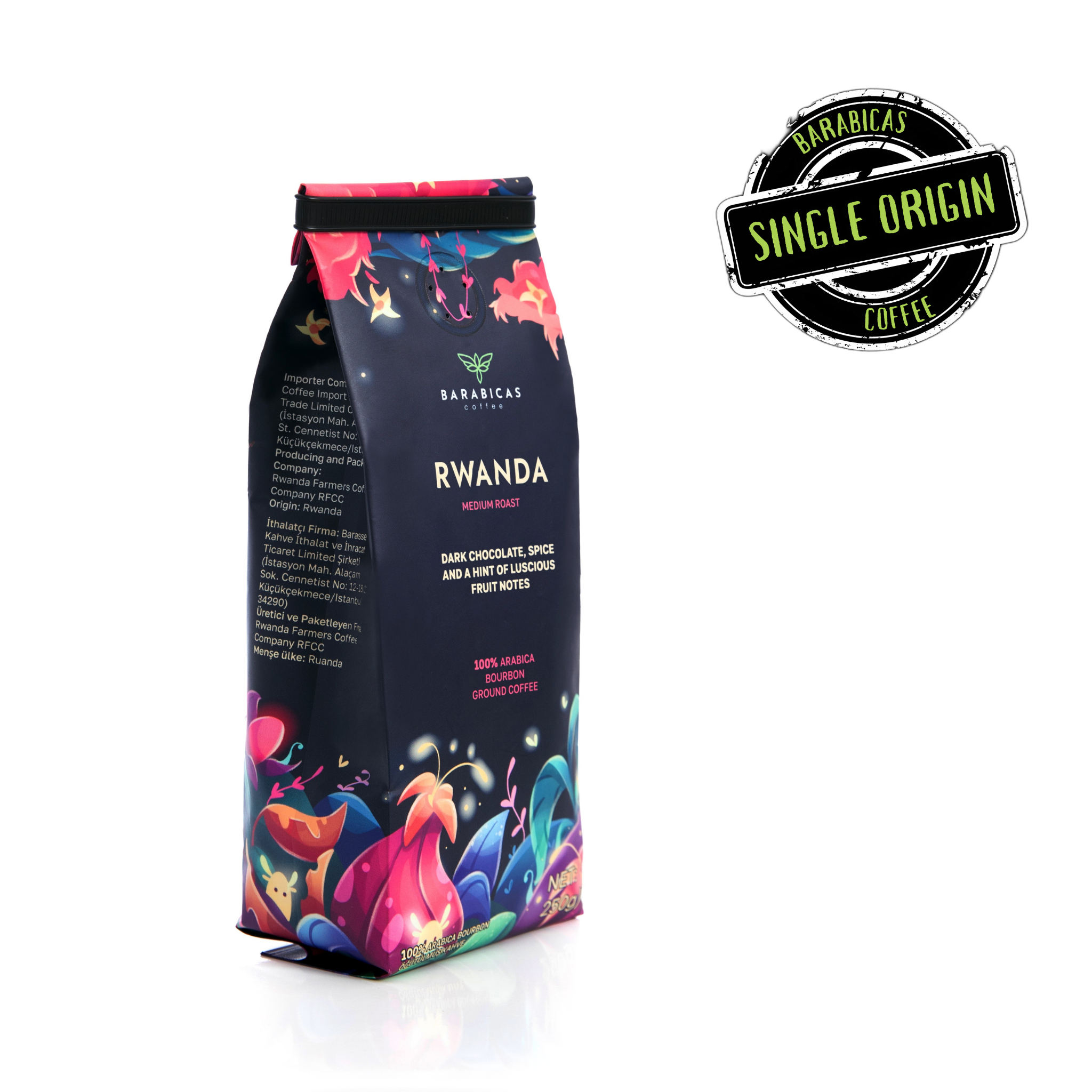 Rwanda 100% Arabica Bourbon Medium Roast Öğütülmüş Kahve 250g Ön Yüz