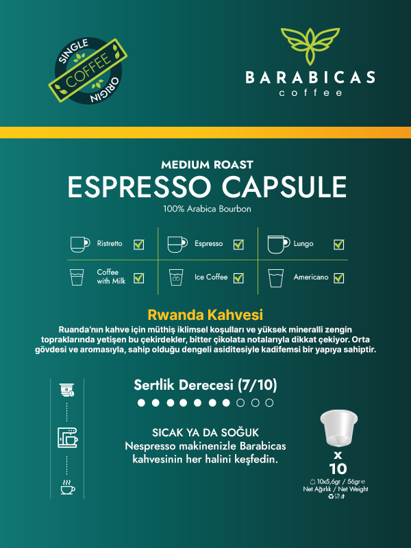 BARABICAS Coffee – Rwanda Espresso Capsules - Medium Roast - 10lu Paket